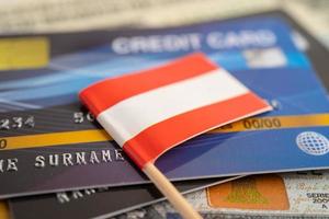 Austria flag on credit card. Finance development, Banking Account, Statistics, Investment Analytic research data economy, Stock exchange trading, Business company concept.
