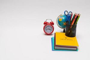 colorful collection of school supplies set on white background. back to school. great ideas photo