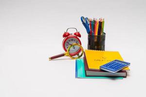 colorful collection of school supplies set on white background. back to school. great ideas photo