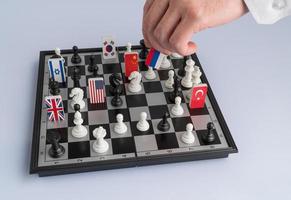 Politician's hand moves a chess piece with a flag. Conceptual photo of a political game. retaliatory move Russia