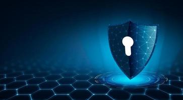 escudo con llave en el interior sobre fondo azul el concepto de ciberseguridad en internet
