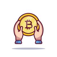 Business concept. hands holding bit coin cartoon icon illustration flat style on white background for web, landing page, ads, advertisement, sticker, banner, flier vector