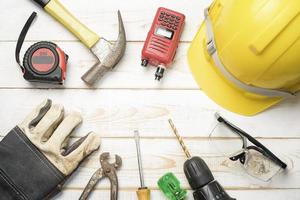 technician equipment on wood table photo