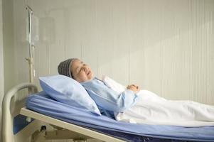 Depressed and hopeless Asian cancer patient woman wearing head scarf in hospital. photo