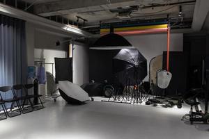 Interior of a modern photo studio. Technics and equipment