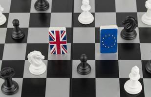 Chess pieces and flags of European Union and Britain on the chessboard. The concept of political game and chess strategy Brexit photo