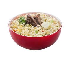 instant noodles with meat in a red bowl, insulated. for cut out. fast food photo