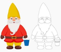 Cute garden gnome with a bucket in his hands. Gnome in color and outline. vector