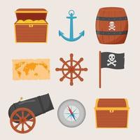 paquete pirata conjunto aislado sobre fondo blanco. paquete pirata, mapa del tesoro, timón de barco, ancla, barril