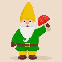 Cute garden gnome with a mushroom in his hands. vector