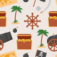 paquete pirata de patrones sin fisuras. paquete pirata, mapa del tesoro, ron, rueda de barco, ancla, barril, bomba vector