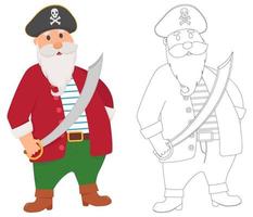 Pirate or ship saillor with a sword isolated on white background. Coloring page and colorful clipart character vector