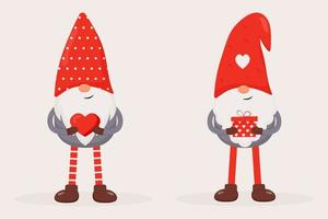 Set of cute Valentine gnomes. Flat vector illustration for St. Valentine's Day gift, card, print, decoration.