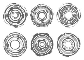 HUD futuristic elements. Abstract optical aim. Circle geometric shapes for virtual interface and games. Camera viewfinder for sniper weapon. Vector set