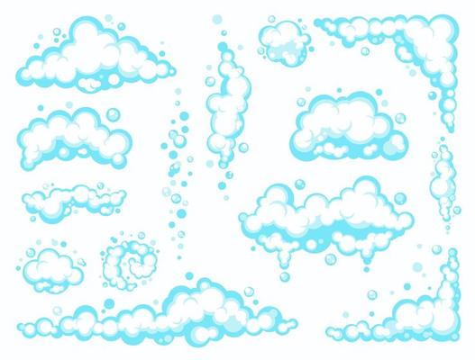 Cartoon soap foam set with bubbles. Light blue suds of bath, shampoo, shaving, mousse. Vector illustration. EPS 10