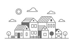 Suburban neighborhood landscape. Silhouette of houses on the skyline. Countryside cottage homes. Outline vector illustration.