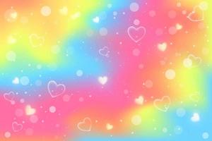 Rainbow fantasy background. Holographic illustration in neon colors. Cute cartoon girly background. Bright multicolored sky with bokeh and hearts. Vector. vector