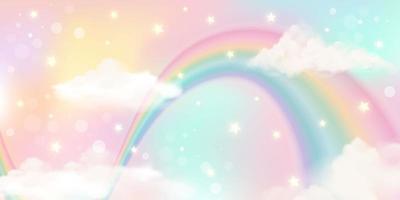 Fondo de unicornio arco iris de fantasía holográfica con nubes. cielo de color pastel. paisaje mágico, patrón abstracto fabuloso. lindo fondo de pantalla de dulces. vector. vector