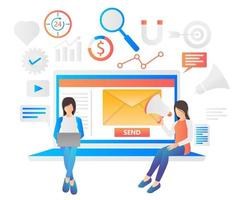 Flat style illustration of women working together doing email marketing vector