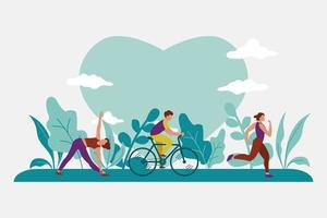 Día mundial de la salud. estilo de vida saludable. correr, andar en bicicleta, caminar, yoga. elementos de diseño en colores pastel con textura