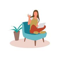 mujer joven está sentada con el portátil en la silla. trabajando en una computadora. freelance, educación en línea, programador o concepto de soporte. ilustración vectorial aislado sobre fondo blanco vector