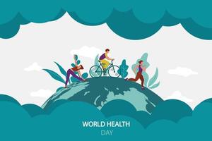 Día mundial de la salud. estilo de vida saludable. correr, andar en bicicleta, caminar, yoga. elementos de diseño en colores pastel con textura vector