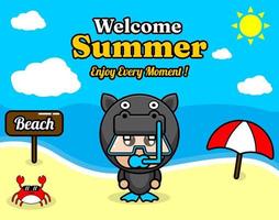 summer beach and sand background design with text enjoy every moment and summer element board that says beach, crab and umbrella, with hippopotamus animal mascot costume wearing a senorkel vector