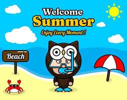 summer beach and sand background design with text enjoy every moment and summer element board that says beach, crab and umbrella, with owl animal mascot costume wearing a senorkel vector