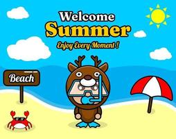 summer beach and sand background design with text enjoy every moment and summer element board says beach, crab and umbrella, in deer animal mascot costume wearing senorkel vector