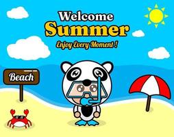 diseño de fondo de playa y arena de verano con texto disfrute de cada momento y tablero de elementos de verano que dice playa, cangrejo y paraguas, con traje de mascota animal panda usando un senorkel vector