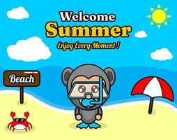 summer beach and sand background design with text enjoy every moment and summer element board says beach, crab and umbrella, in gorilla animal mascot costume wearing senorkel vector