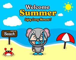 summer beach and sand background design with text enjoy every moment and summer element board that says beach, crab and umbrella, with elephant animal mascot costume wearing a senorkel vector