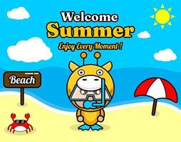 summer beach and sand background design with text enjoy every moment and summer element board that says beach, crab and umbrella, giraffe animal mascot costume wearing senorkel vector