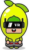 personaje de dibujos animados vector traje de mascota de fruta de limón jugando juego de realidad virtual