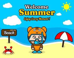 summer beach and sand background design with text enjoy every moment and summer element board says beach, crab and umbrella, with tiger animal mascot costume wearing senorkel vector