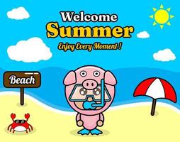 summer beach and sand background design with text enjoy every moment and summer element board that says beach, crab and umbrella, with pig animal mascot costume wearing a senorkel vector