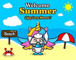 summer beach and sand background design with text enjoy every moment and summer element board that says beach, crab and umbrella, with unicorn animal mascot costume wearing a senorkel vector