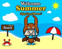 summer beach and sand background design with text enjoy every moment and summer element board that says beach, crab and umbrella, with fighting beetle animal mascot costume wearing a senorkel vector