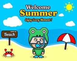 summer beach and sand background design with text enjoy every moment and summer element board that says beach, crab and umbrella, with frog animal mascot costume wearing a senorkel vector