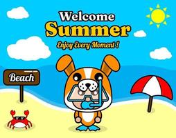 summer beach and sand background design with text enjoy every moment and summer element board that says beach, crab and umbrella, with dog animal mascot costume wearing senorkel vector