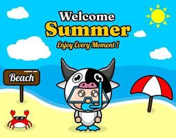 summer beach and sand background design with text enjoy every moment and summer element board that says beach, crab and umbrella, with cow animal mascot costume wearing senorkel vector