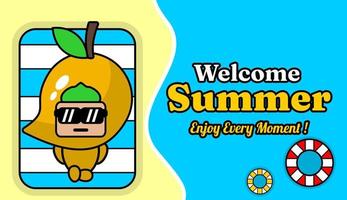 summer beach and sand background design with text enjoy every moment, with mango mascot costume relaxing vector