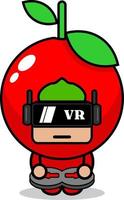 personaje de dibujos animados de vector de traje de mascota de fruta de cereza jugando juego de realidad virtual