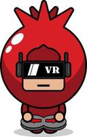 cartoon character vector cute pomegranate fruit mascot costume playing virtual reality game