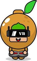 personaje de dibujos animados de vector lindo traje de mascota de fruta longan jugando juego de realidad virtual