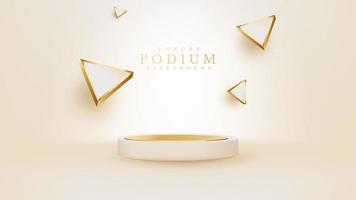 Realistic cream podium with golden triangles. Elegant style background design. vector