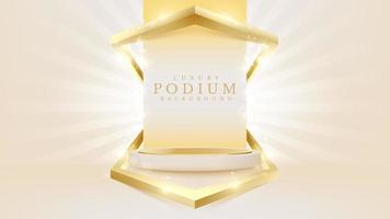 Realistic cream color podium for product display with golden line elements and light effects.