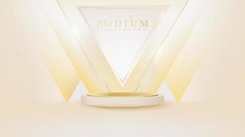 White product show podium with golden triangle frame and sparkling glittering light effects elements. vector