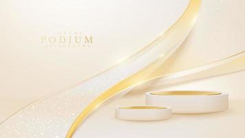 Realistic cream podium with elegant golden curve decoration and glitter light effect. vector