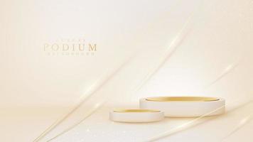 Cream color podium with golden curve line elements and glitter light effects, Luxury banner background design. vector